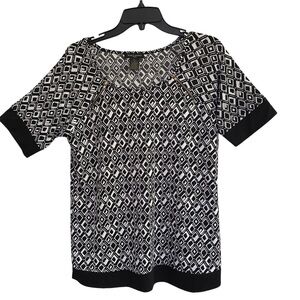 SUSAN LAWRENCE Petite Black & White Geometric Design Short Sleeve Banded Top